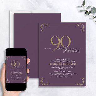 90 & Fabulous Purple & Gold Calligraphy Birthday Invitation