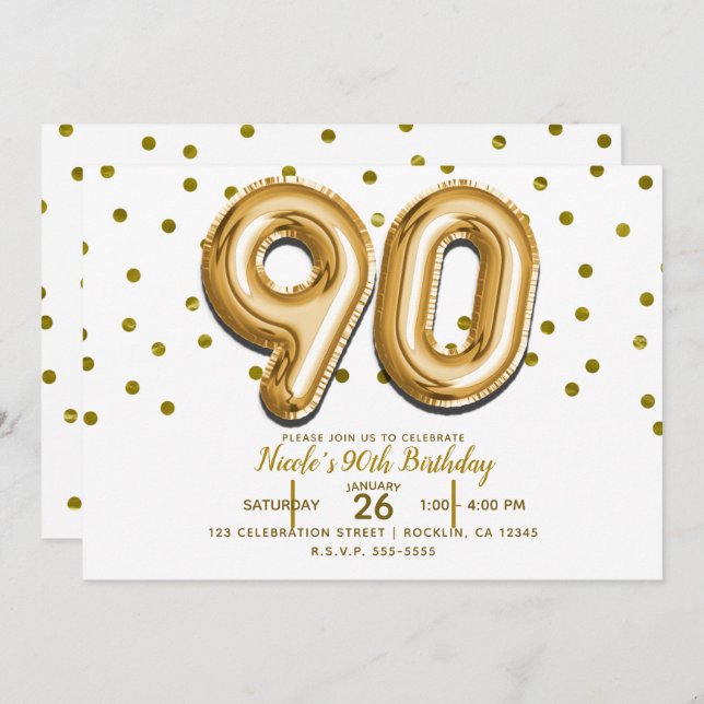 90 Gold Balloons & Confetti 90th Birthday Party Invitation (Front/Back)