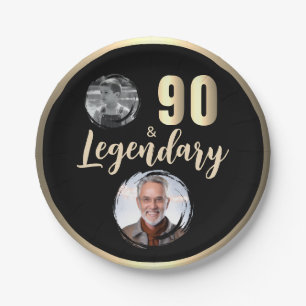 90 & Legendary 2 Photos 90th Birthday Gold Paper Plate