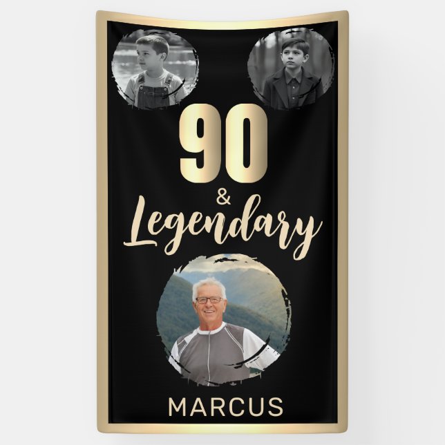 90 & Legendary 3 Photos 90th Birthday Gold Banner (Vertical)