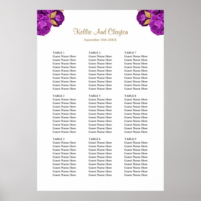 90 Purple And Gold Floral Wedding Seating Chart (Front)