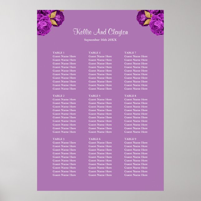 90 Purple And Gold Floral Wedding Seating Chart (Front)