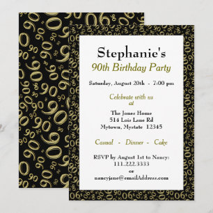 90 Random Number Pattern Black/Gold 90th Invitation