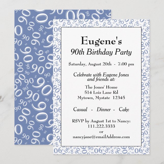 90 Random Number Pattern Blue/White 90th Invitation (Front/Back)