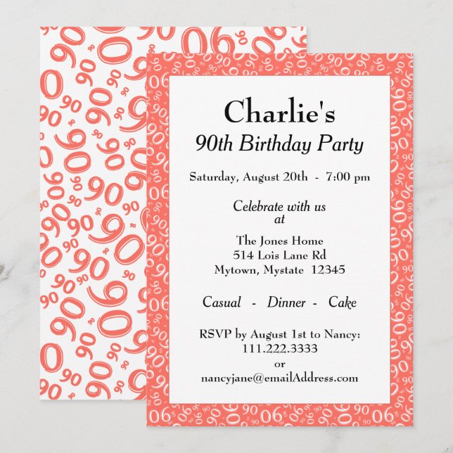 90 Random Number Pattern Coral/White 90th Invitation (Front/Back)