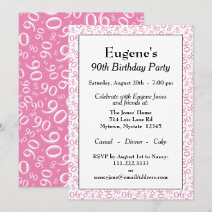 90 Random Number Pattern Pink/White 90th Invitation