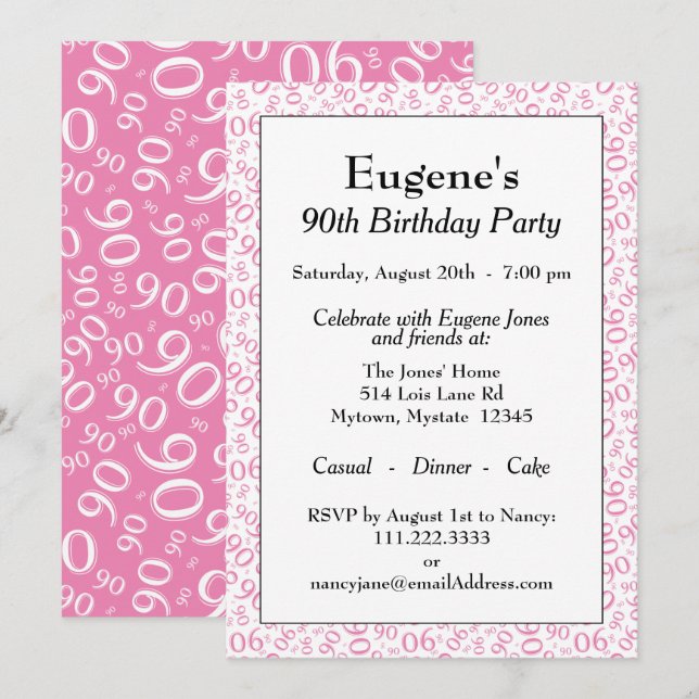 90 Random Number Pattern Pink/White 90th Invitation (Front/Back)