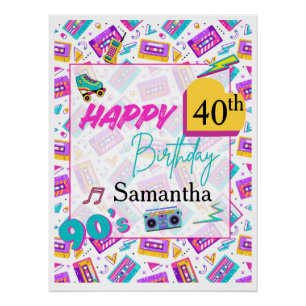 90’s Themed Happy Birthday Party Backdrop Poster