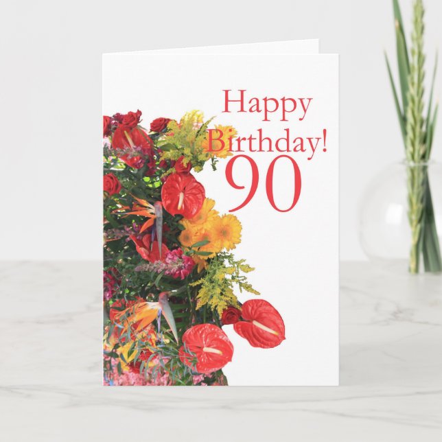90 th birthday red yellow bouquet card (Front)