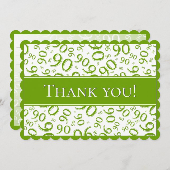 90 "Thank you!" Green and White Number Pattern Thank You Card (Front/Back)