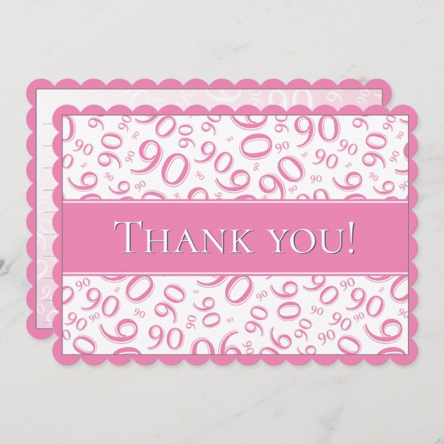 90 "Thank you!" Pink and White Number Pattern Thank You Card (Front/Back)