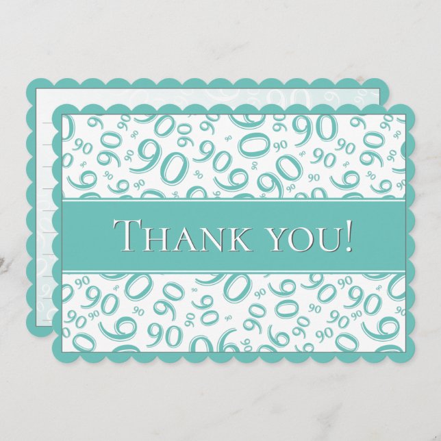 90 "Thank you!" Teal and White Number Pattern Thank You Card (Front/Back)