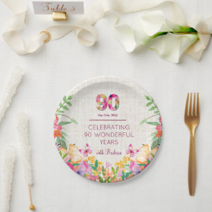90 Years Flowers 90th Birthday Linen Party Paper Plate