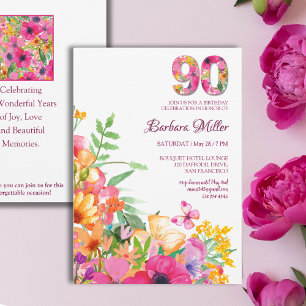 90 Years Flowers Butterflies 90th Birthday Invitation