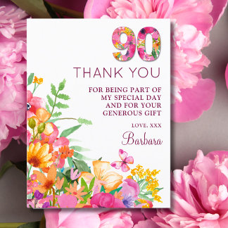 90 Years Flowers Butterfly 90th Birthday Thank You Announcement Postcard