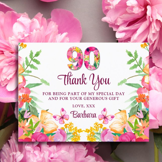 90 Years Flowers Butterfly 90th Birthday Thank You Postcard (Creator Uploaded)