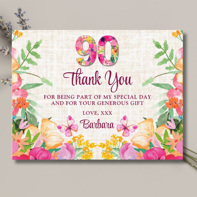 90 Years Flowers - Butterfly Linen 90th Birthday Thank You Card (Creator Uploaded)