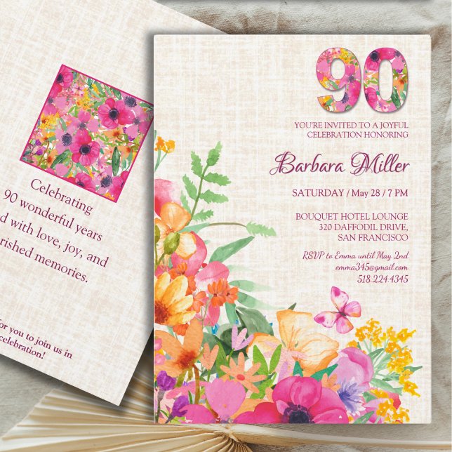 90 Years Flowers Floral 90th Birthday Linen Invitation (Creator Uploaded)