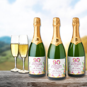 90 Years Flowers Floral Butterfly 90th Birthday Sparkling Wine Label