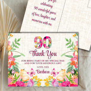 90 Years Flowers Floral Linen 90th Birthday Thanks Postcard