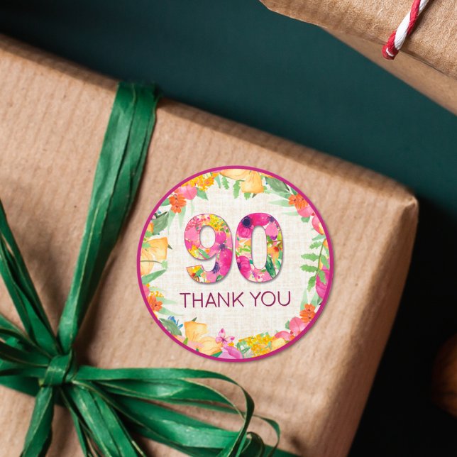 90 Years Flowers Linen 90th Birthday Thank You Classic Round Sticker (Creator Uploaded)