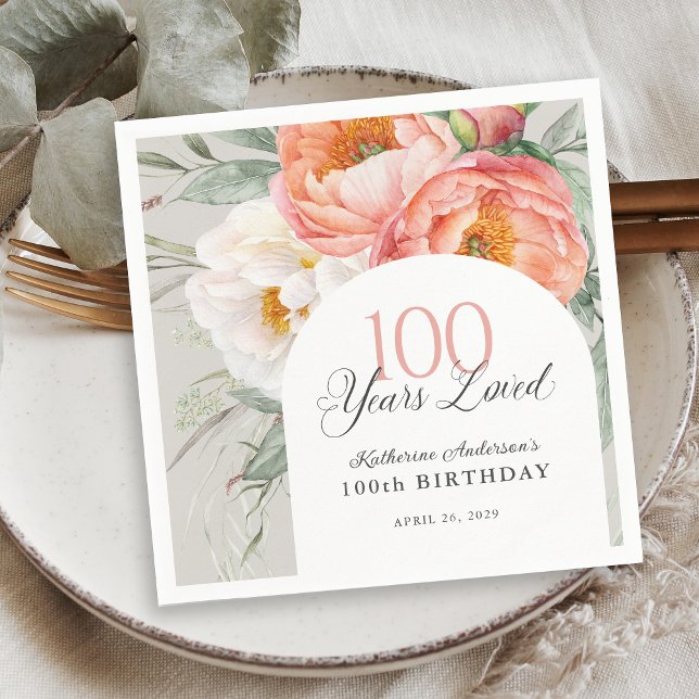 90 Years Loved Feminine Floral 100th Birthday Napkin (Creator Uploaded)