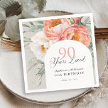 90 Years Loved Feminine Floral 90th Birthday Napkin<br><div class="desc">Beautifully elegant and so charming, this peach and white watercolor floral birthday napkin celebrates "90 Years Loved". It's a sweet sentiment to remind the guest of honour just how much they are loved and admired. The lovely design features a beautiful bouquet of peach and ivory white watercolor peonies, eucalyptus and...</div>