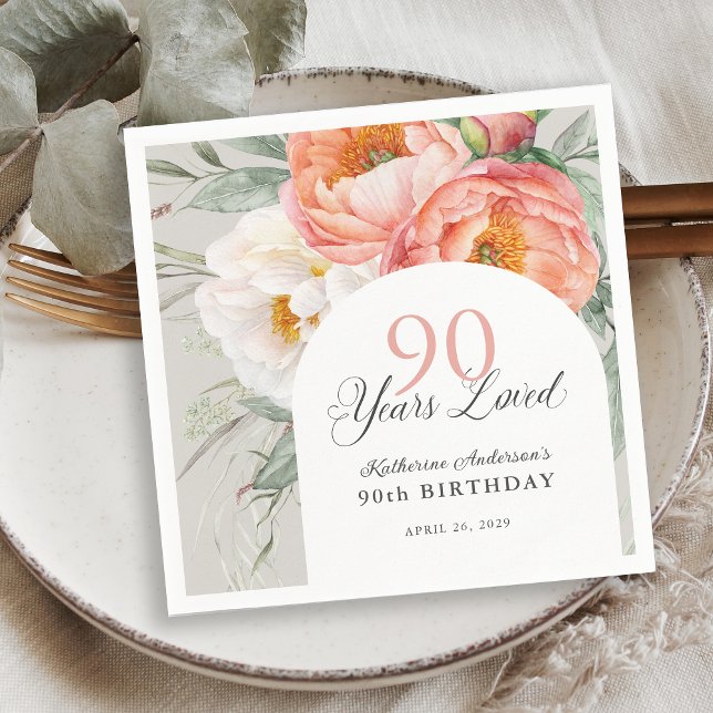 90 Years Loved Feminine Floral 90th Birthday Napkin (Creator Uploaded)