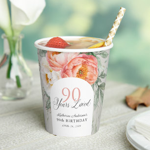90 Years Loved Feminine Floral 90th Birthday Paper Cups