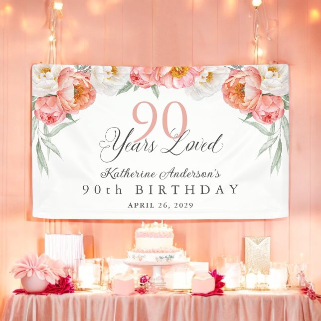 90 Years Loved Peach Floral 90th Birthday Banner (Creator Uploaded)