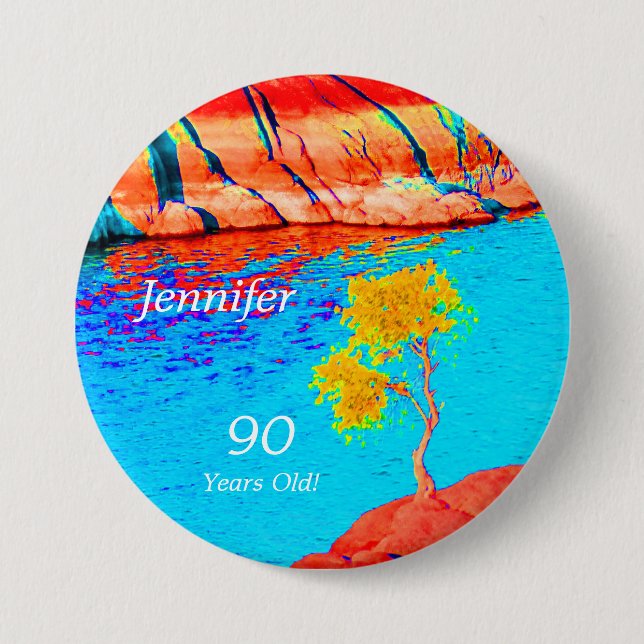 90 Years Old, Colourful Landscape Button Pin (Front)