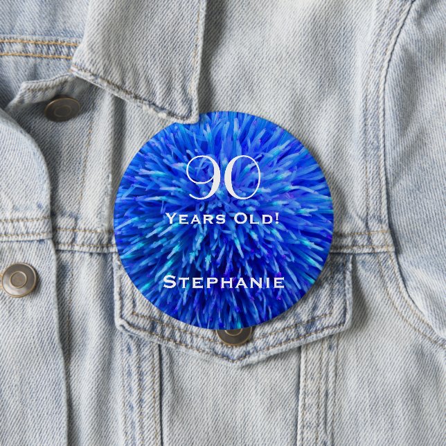90 Years Old Personalised Blue Abstract Button Pin (In Situ)
