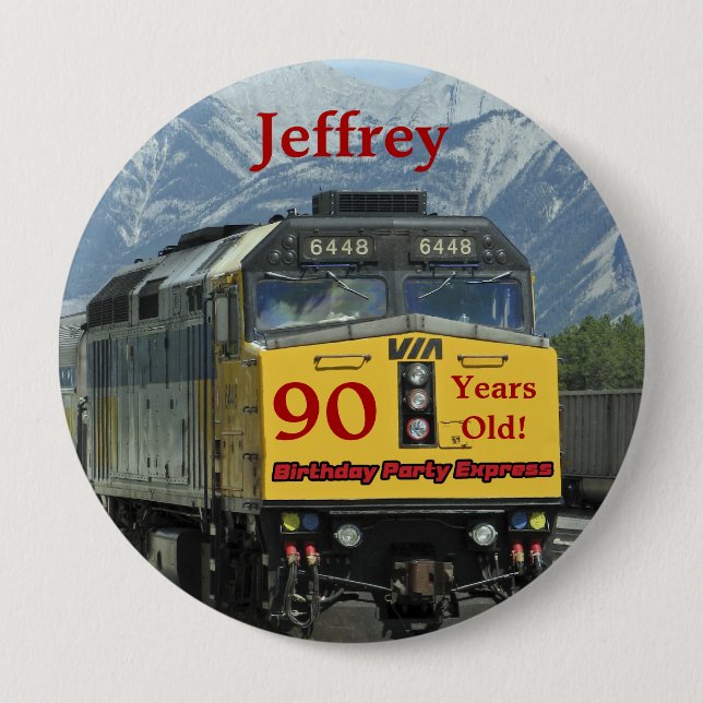 90 Years Old, Railroad Train Birthday Button Pin (Front)