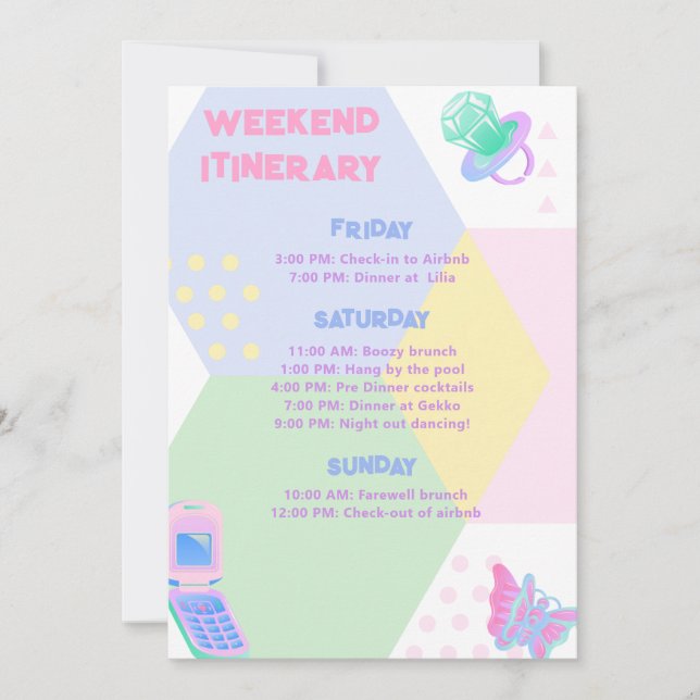 90's Bachelorette Party Weekend Itinerary Invitati Invitation (Front)