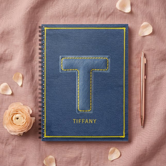 90s Blue Denim Applique Letter T Monogram Name Notebook (Creator Uploaded)