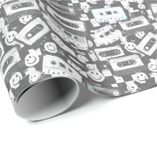 90s Cassette & Smiley Wrapping Paper - Monochrome