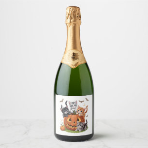 90s Cat Pumpkin Halloween Floral Spooky Season Sparkling Wine Label