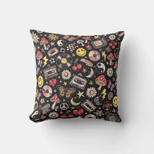 90s Floral on Black Retro Pattern   Bold Vintage  Cushion