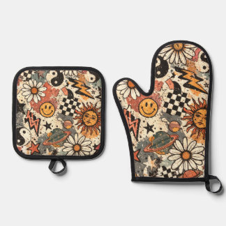  90s Happy Faces Sun Flowers Pattern Oven Mitt & Pot Holder Set