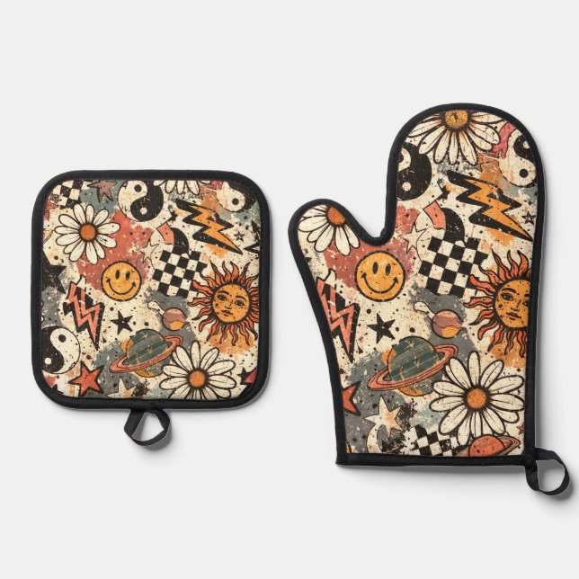  90s Happy Faces Sun Flowers Pattern Oven Mitt & Pot Holder Set (Front)