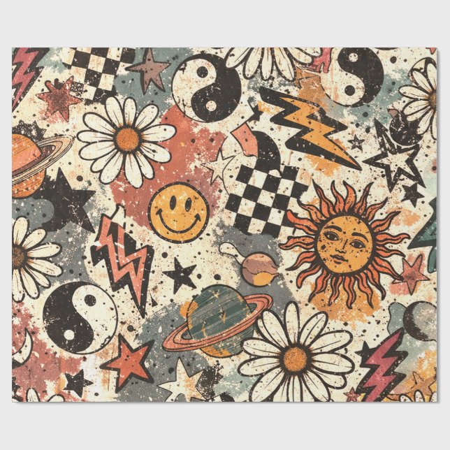 90s Happy Faces Sun Flowers Pattern Wrapping Paper (Flat)