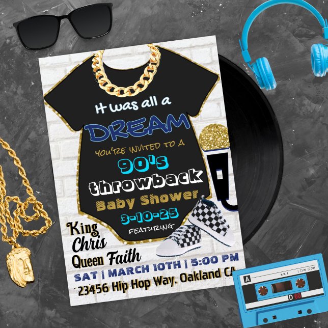 90's Hip Hop Blue and Gold Old School Baby Shower Invitation (Creator Uploaded)