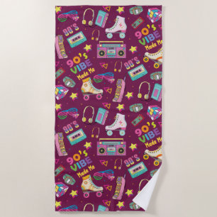 90's Hip Hop Vibes Retro Made Me Pattern Beach Towel