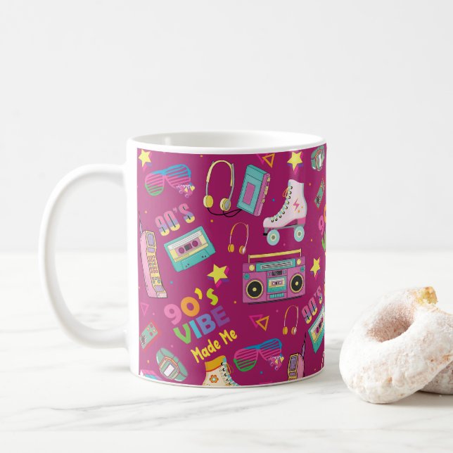 90's Hip Hop Vibes Retro Made Me Pattern Coffee Mug (With Donut)