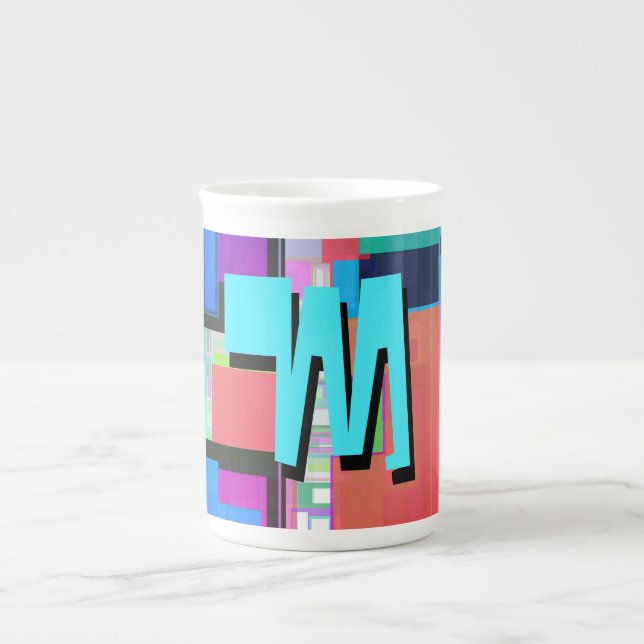90s Inspired Colourful Geometric Monogram Bone China Mug (Front)
