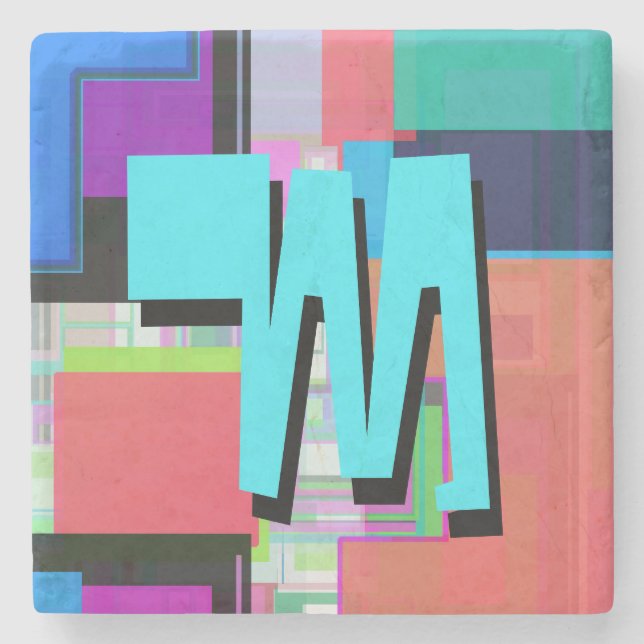 90s Inspired Colourful Geometric Monogram Stone Coaster (Front)