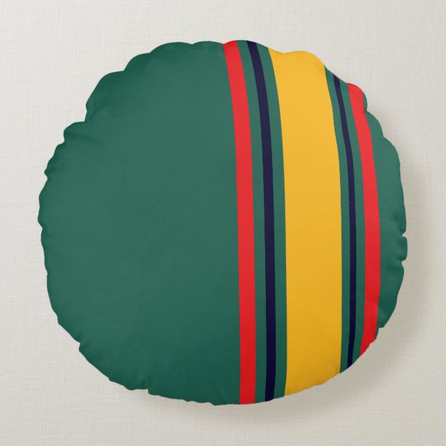90s Inspired Green Multi Colour Bold Retro Stripes Round Cushion (Front)