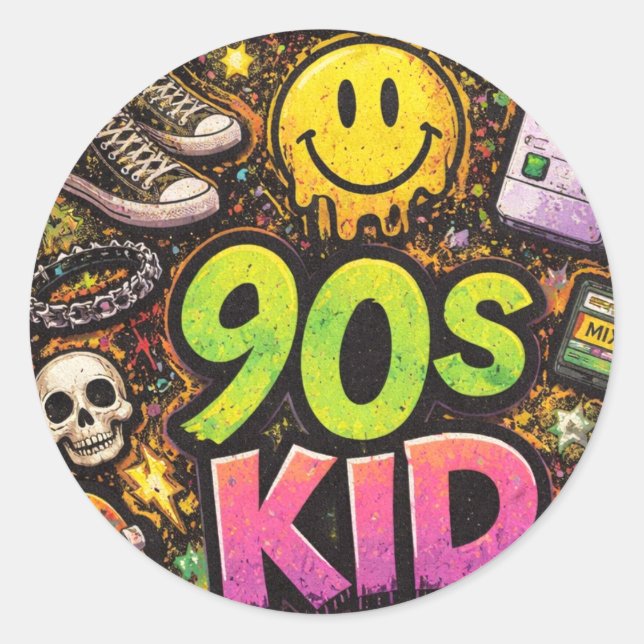90s Kids Grunge Seamless Pattern: Pizza, Skeletons Classic Round Sticker (Front)