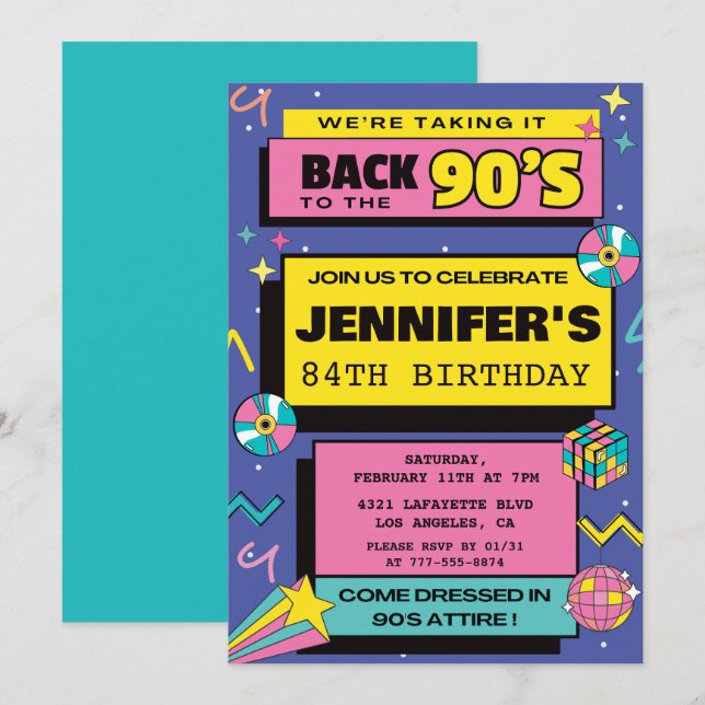 90s Party Retro 84th birthday invitations Modern  (Front/Back)