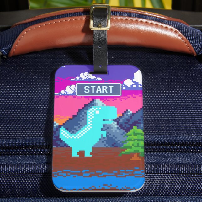 90s Pixel Gamer Pixelated - Dinosaur Illustration  Luggage Tag (Front Insitu 2)